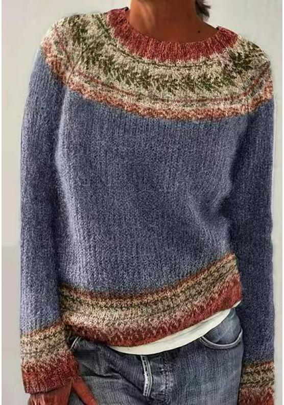 European & American Women's Color-Block Round Neck Fashion Pullover Sweater