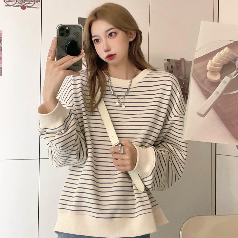 Women's Striped Crew Neck Pullover – Autumn 2025 Korean Style Long Sleeve Top