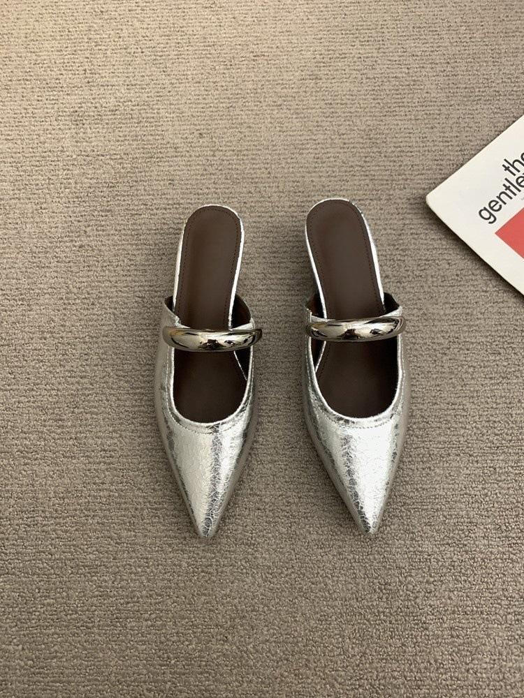 pointed toe bag head half slippers women's spring and autumn new small slope heel single shoes one pedal low heel flat shoes cool slippers