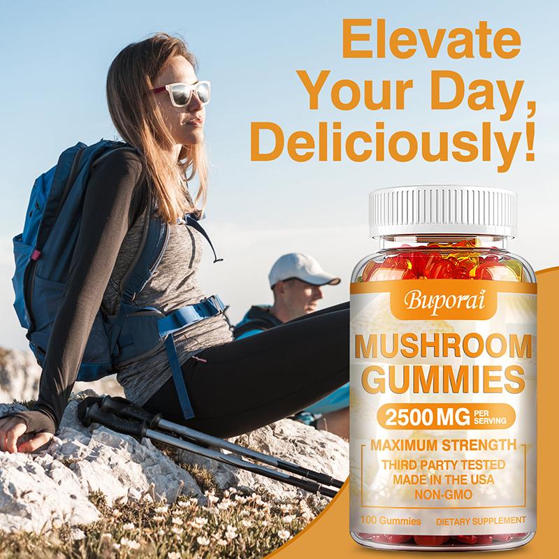 Mushroom Gummies Containing a Mixture of Hericium Erinaceus, Cordyceps Sinensis, and Ganoderma Lucidum To Boost Energy; Vegan.