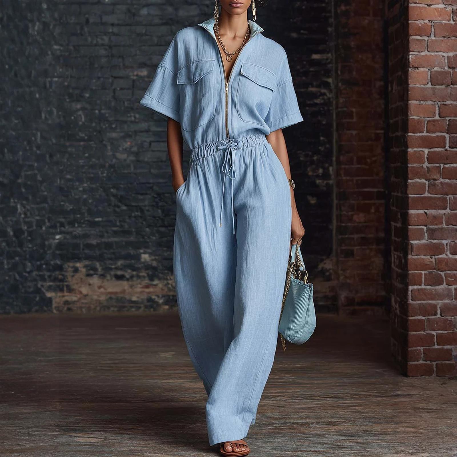 Комбинезоны для женщин Глубокий короткий рукав Комбинезон Свободный крой Рабочие комбинезоны Элегантный Повседневный Летние комбинезоны XXL