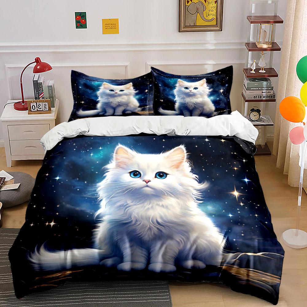 3Pcs White Cat With Starry Backdrop Duvet Cover Set With 3D Printing Design Soft Polyester Bedding Set All-Season Comfort