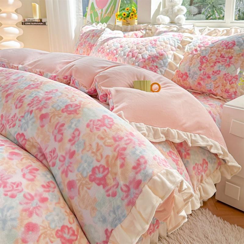 Thick Warm Milk Coral Fleece Bedding Set Floral Bedspread Quilt Cover Lace Trim Home