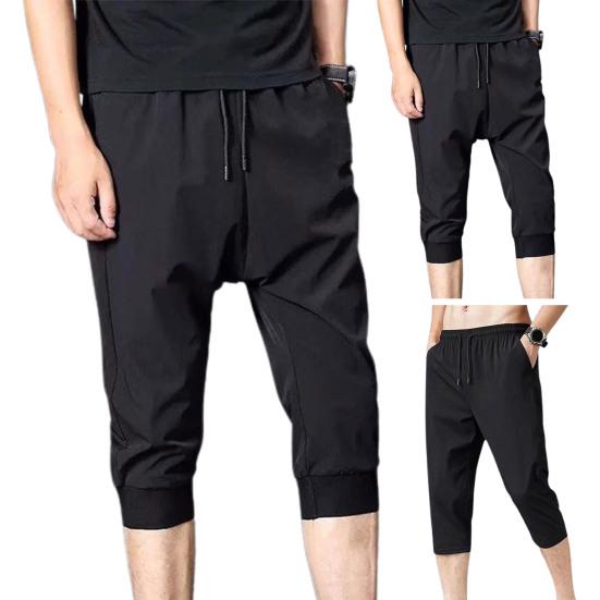 Men Sweatpants Solid Color Soft Fabric Drawstring Ankle-banded Stretchy Waist Cropped Trousers Daily Clothes