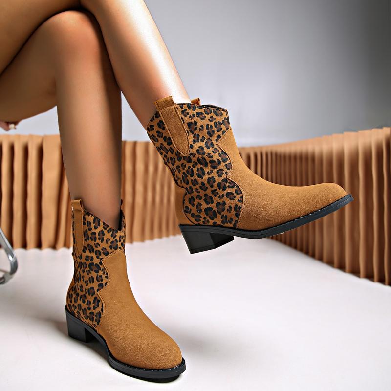 2026 New Women'S Casual Fashion Boots Middle Heel Leopard Chunky Heel Pointed Toe Mid Calf Boots High Heels Women'S Boots