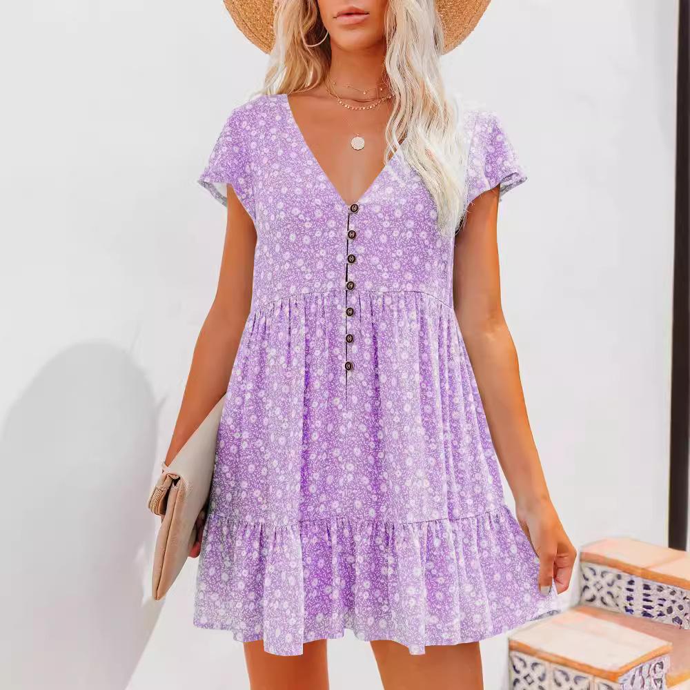 Europe, America, Spring and Summer V-neck Button Small Floral Short-sleeved Loose Casual Dress Women's Clothing