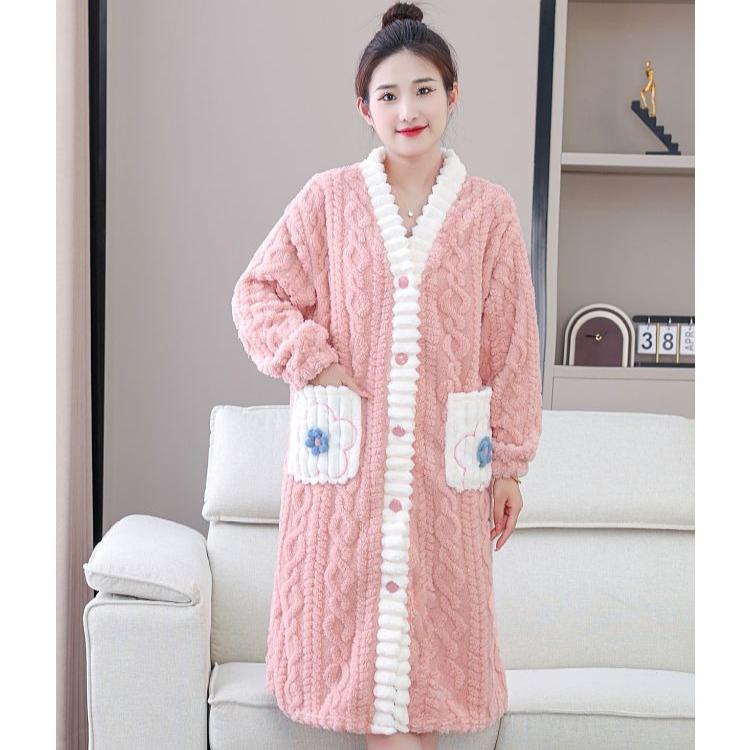 

Double Sided Fleece V Neck Pajamas Loose Fit Mid Length Button Up Sleepwear for Girls XL розовый