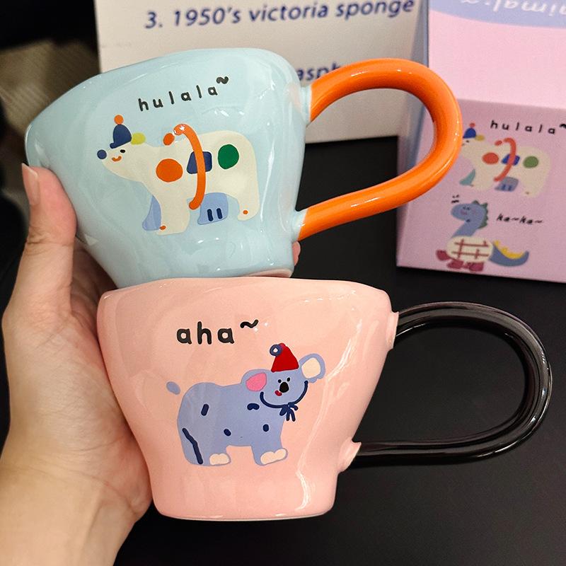 Cute Cartoon Animal Ceramic Mug Big Ear Handle Coffee Cup Home Breakfast Oat Milk Cup Souvenir
