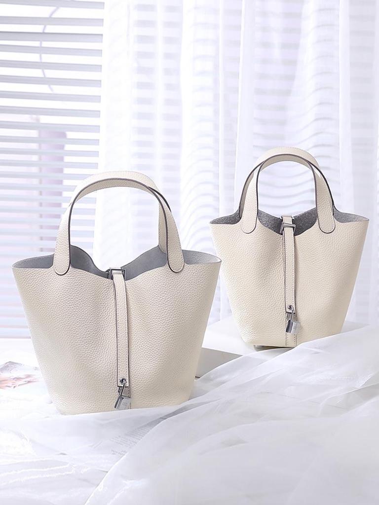 Women's Cowhide Leather Bucket Handbag: Small, Versatile, High-End for Work or Commute