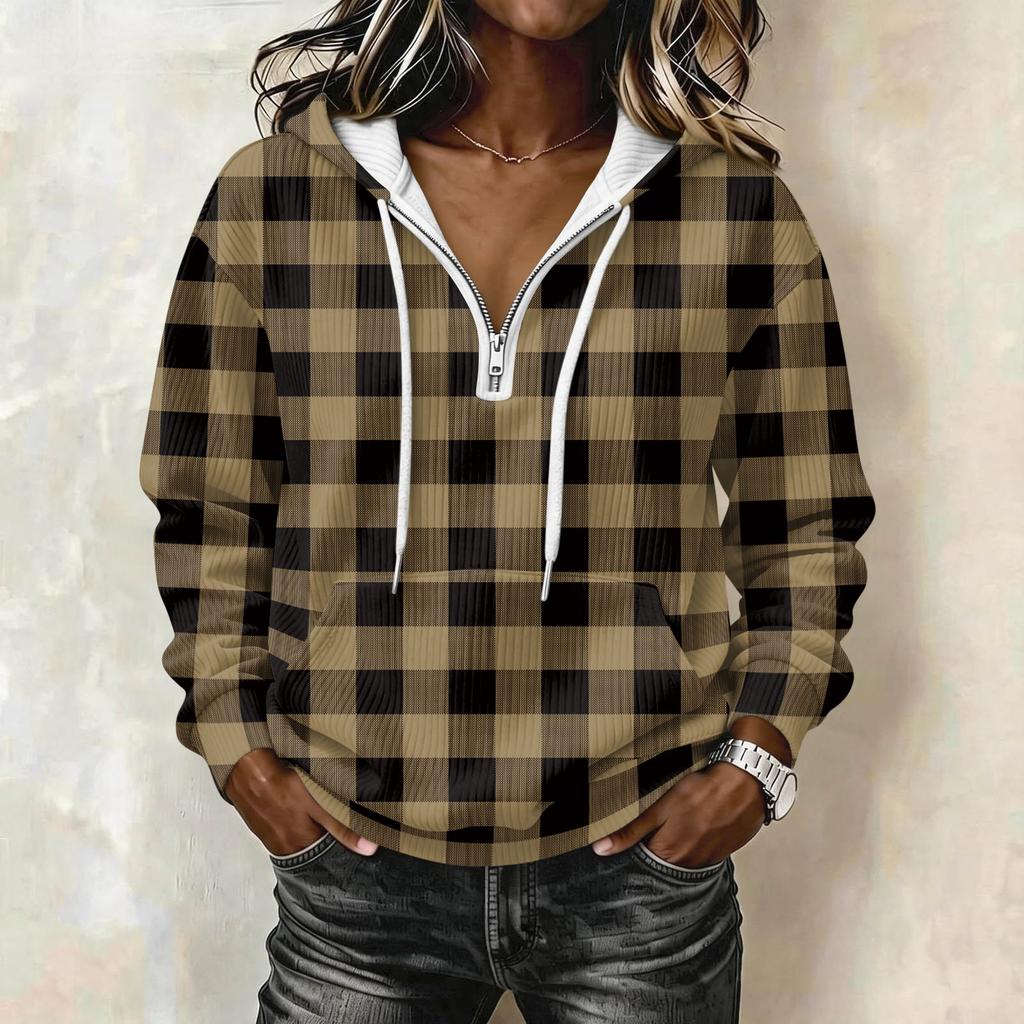 Women's Long Sleeve Drawstring Hoodie with Striped Plaid Print Pullover Sweatshirt