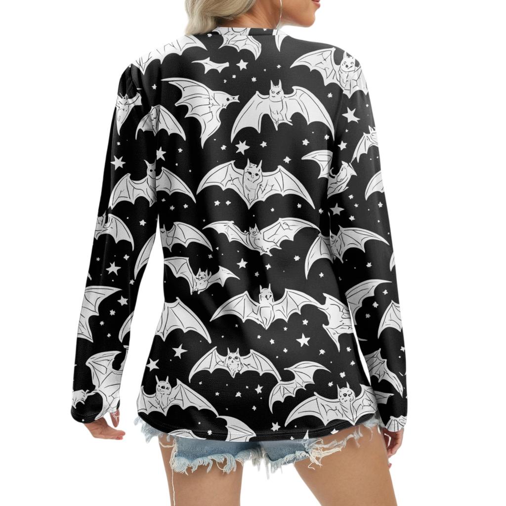 Women's Casual Fashion Sexy Comfort Halloween Printed V-Neck Button Long Sleeve