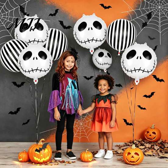Mall Event Decorations 12PCS Halloween Skull Balloon Set, Aluminum Foil Balloons, Black And White Spooky Carnival Party Favors Striped Realistic Print