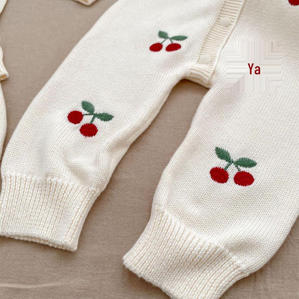 Frühling/Herbst 2025 Baby Kirsche Strick Strampler Set - Niedliches Baumwoll Latzhose Bubble Outfit