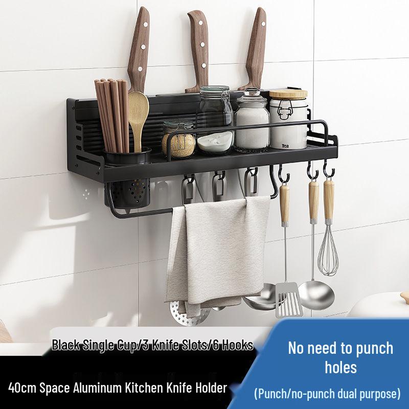 Punch-Free Aluminum Kitchen Wall Organizer: Multifunctional Rack for Utensils, Knives, Seasonings, and Chopsticks