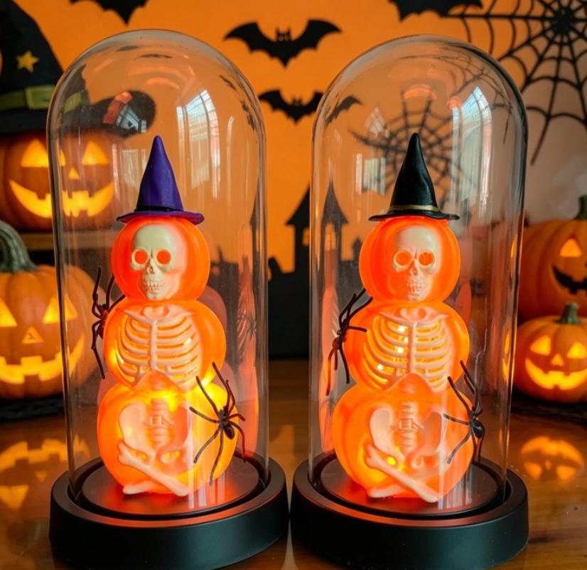 Halloween Pumpkin Skeleton Figurine Decoration Under Glass Dome with Spider Accents Battery Operated Halloween Scene Prop for Seasonal Display