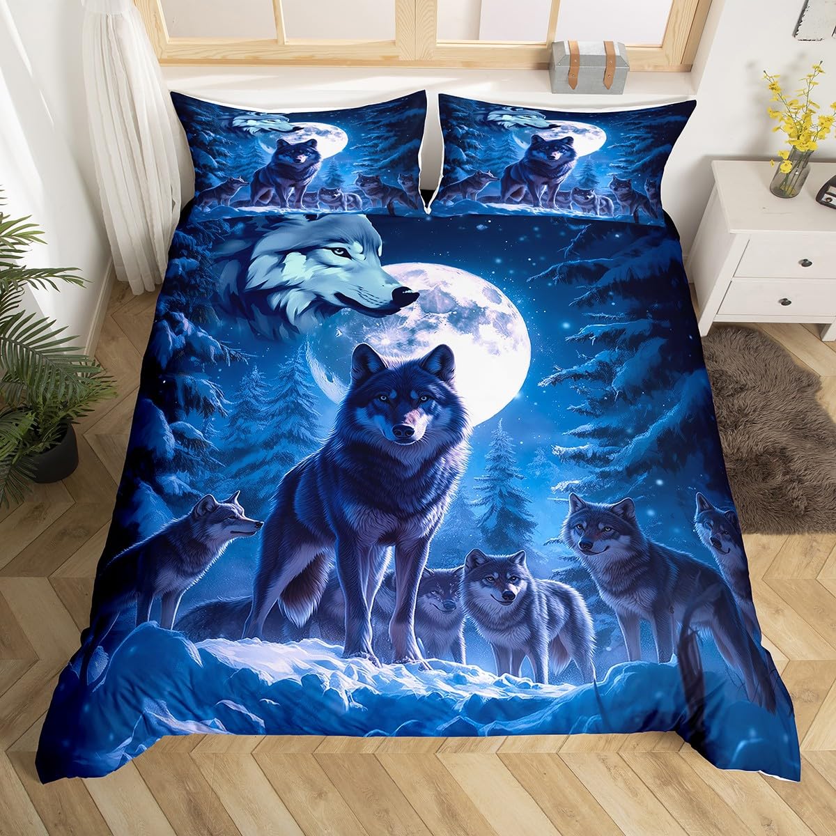 

Постельное белье с диким животным волком, размер фулл/квин, набор постельного белья с волком, горой и луной для детской, мужской, подростковой комнаты, общежития, комплект пододеяльника Аврора EU Single(135x200cm)