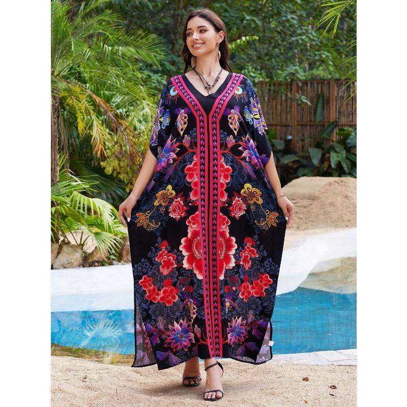 Blouse de plage coton humain imprimé ample robe de vacances bikini protection solaire chemise maillot de bain veste châle