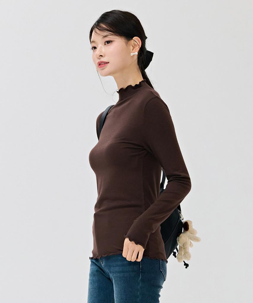 CHASECULT Women'S Frill Mock Neck Fleece T-Shirt - Brown