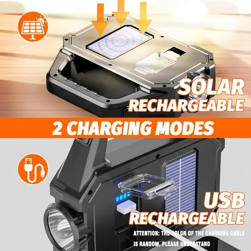 Solar Rechargeable Flashlight Portable Work Light 5 Modes Power Bank COB LED Side Light Emergency Lamp Outdoor Camping Repair