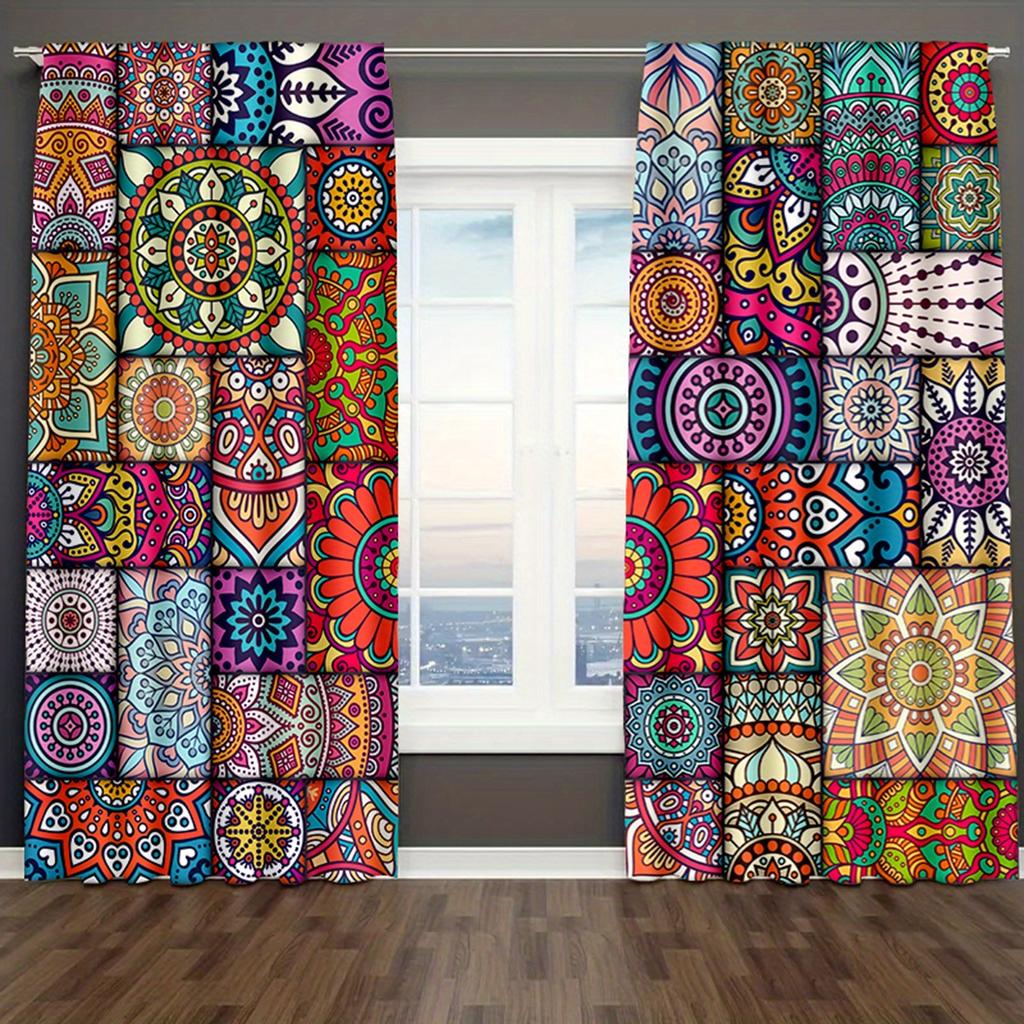 2 Stück Böhmische Mandala-Druck Vorhänge - 2D Flachgewebte Vorhänge für Gemütliches Schlafzimmer & Stilvolle Bürodekoration
