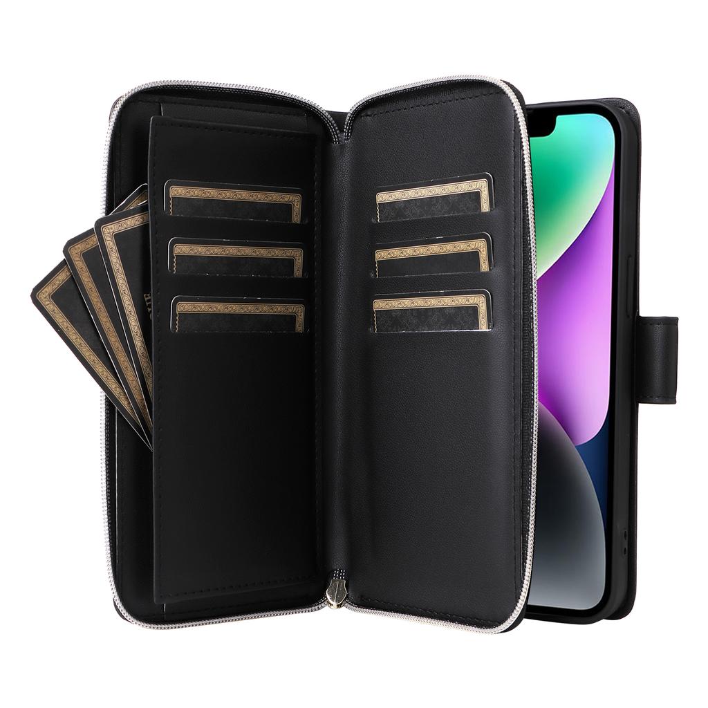 R20 Für iPhone 14/13 Hülle Reißverschlusstasche Leder Handyhülle Ständer Ansicht