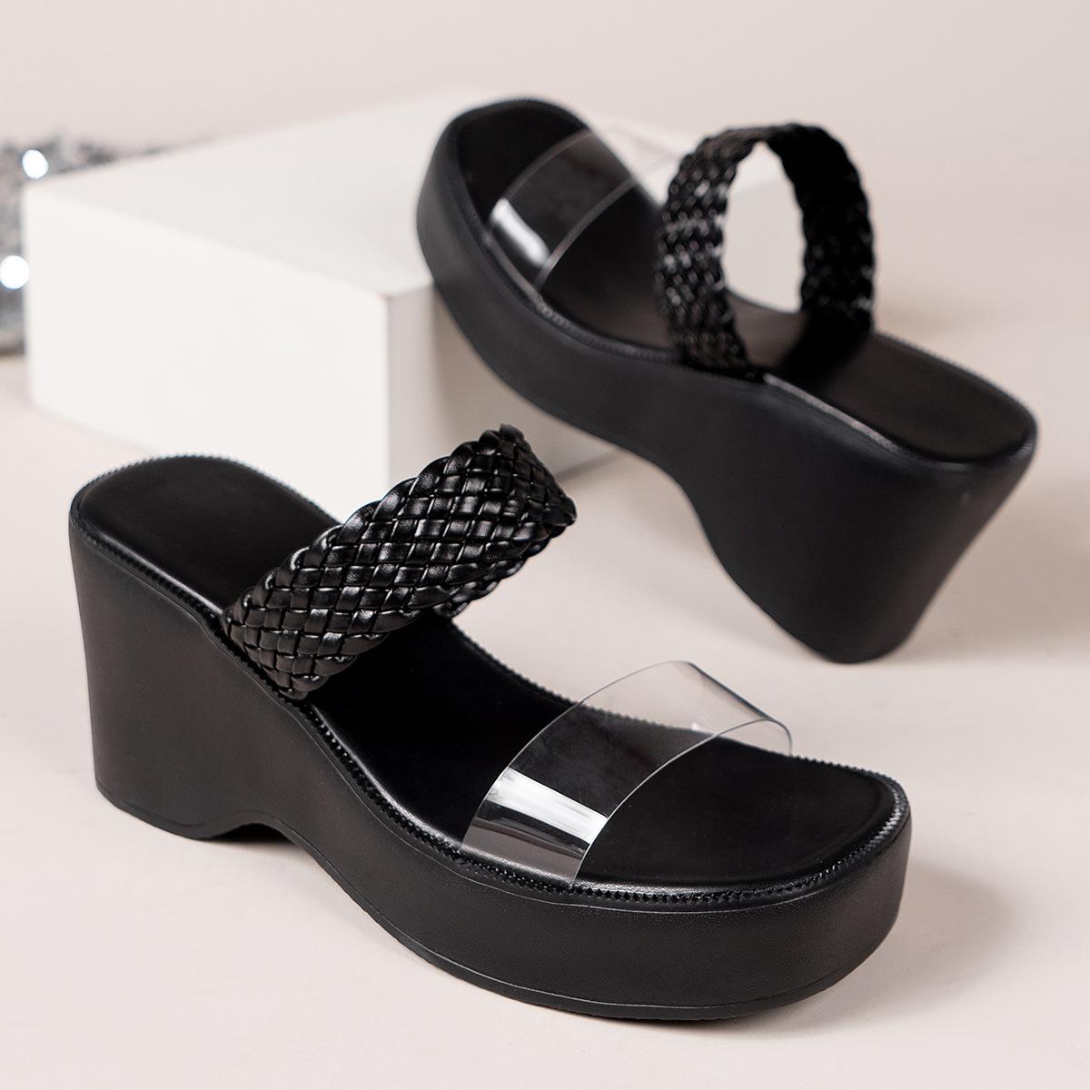 

Большие тапочки с широкими полосками на наклонном каблуке, женские, с толстой подошвой, с высоким каблуком и плетеным ремнем, пляжные сандалии, тапочки 42