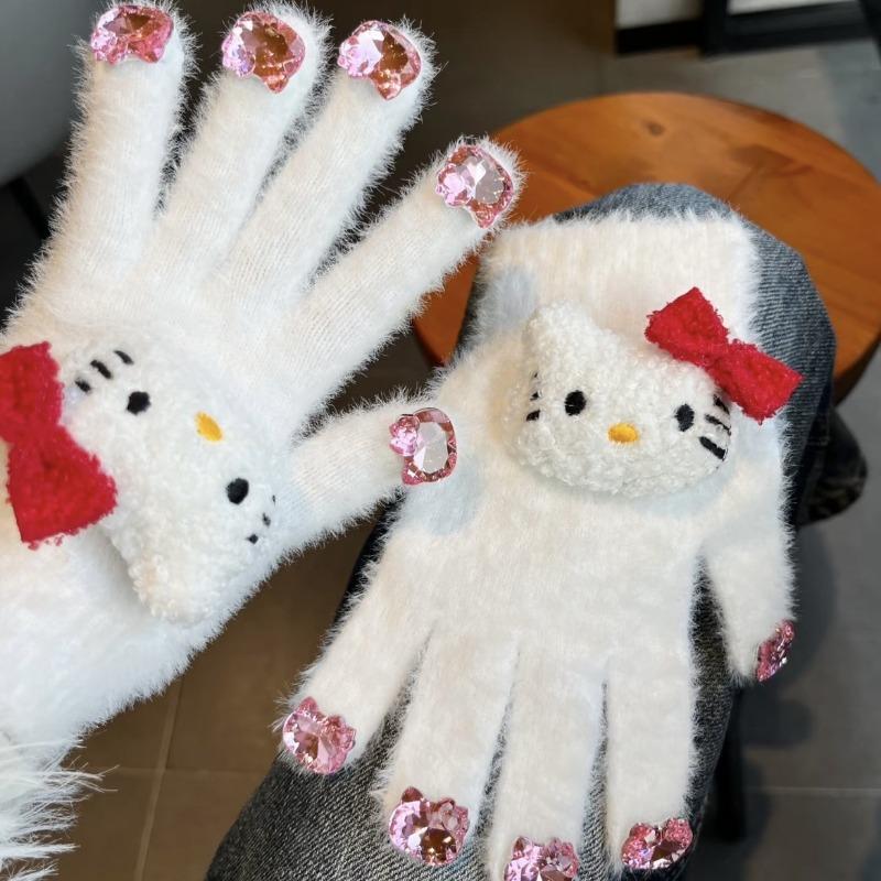 Miffy Rabbit sea salt blue bone girly gloves, cute plush and faux mink, warm split-finger gloves for women