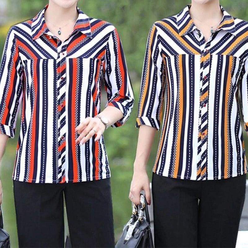 Office Lady Casual Fashion Striped Printed Button Shirt Summer New Polo-Neck Half Sleeve Loose Cardigan Tops Ladies Clothes