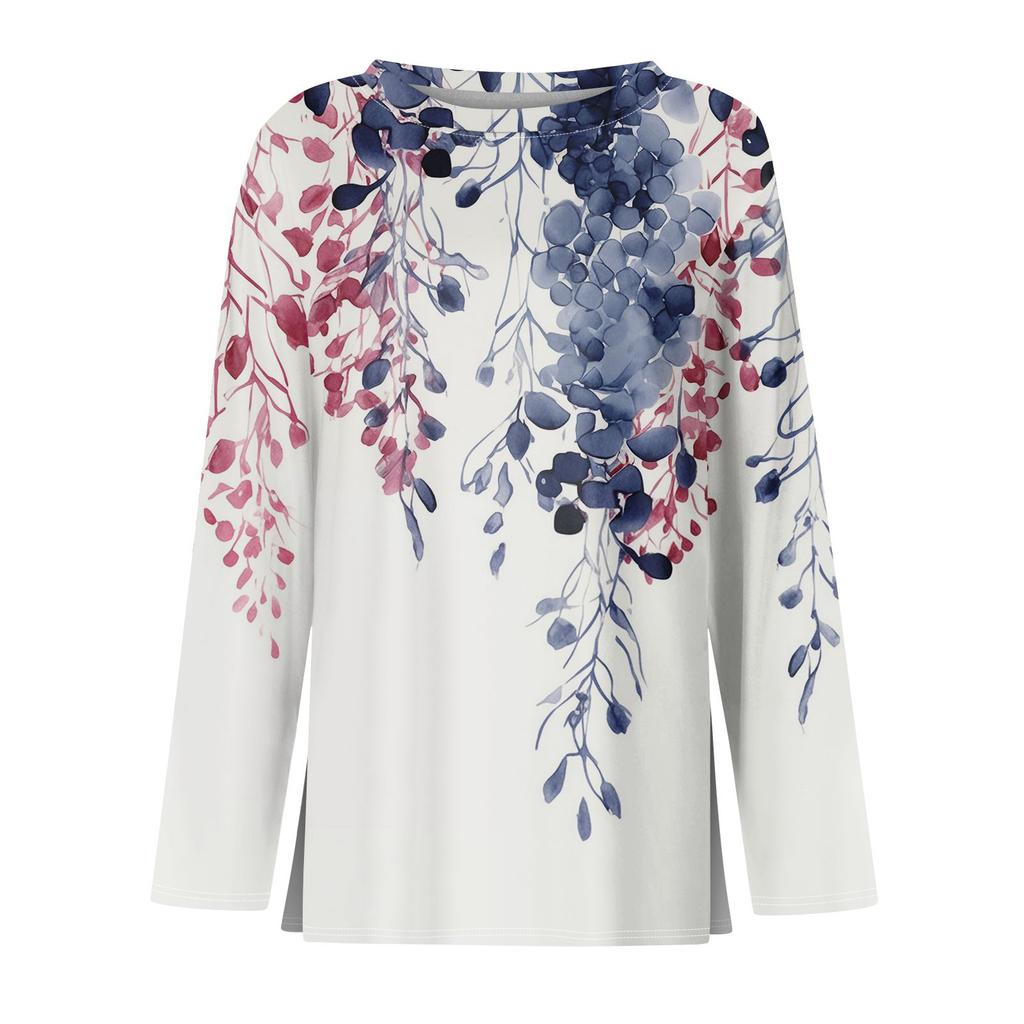Women's Fashion Casual Slit Hem Round Neck Long Sleeve Loose Printed T-Shirt Ladies Top