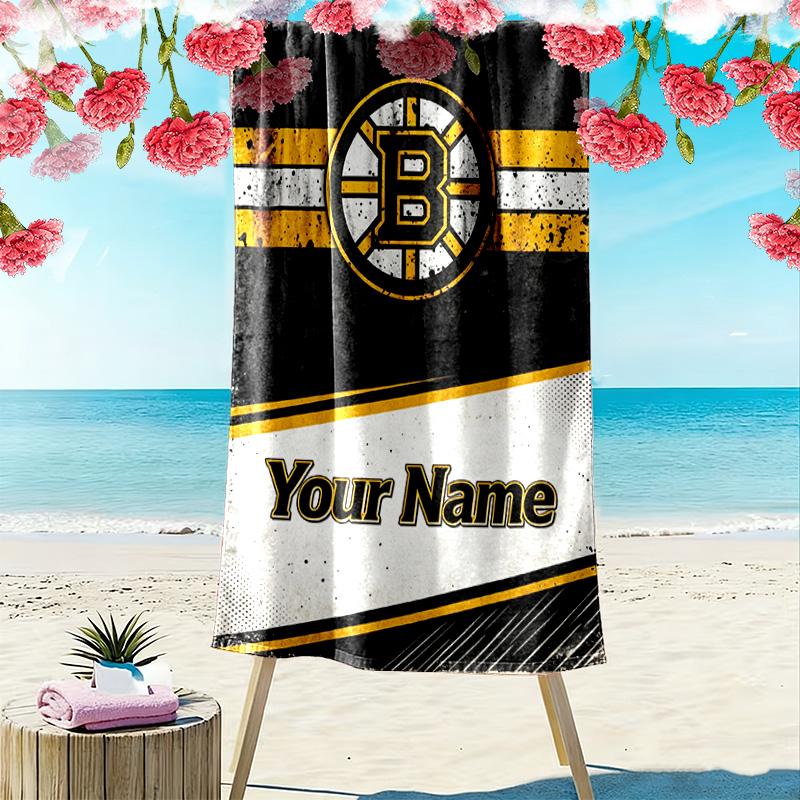 Name Custom Boston Bruins Logo Print Beach Towel, Large Soft Quick Dry Towel for Beach Camping Swimming