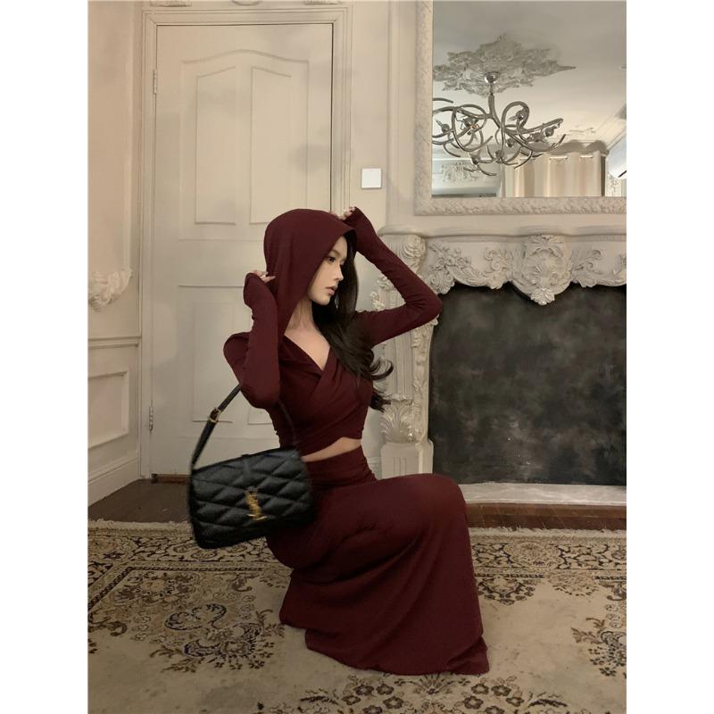 Fashion Elegant Long Sleeve Hoodie Top and High-waisted Fishtail Hip Skirt Suit for Women Spring Autumn Casual Slim Fit Simple Clothes Outfits 2845