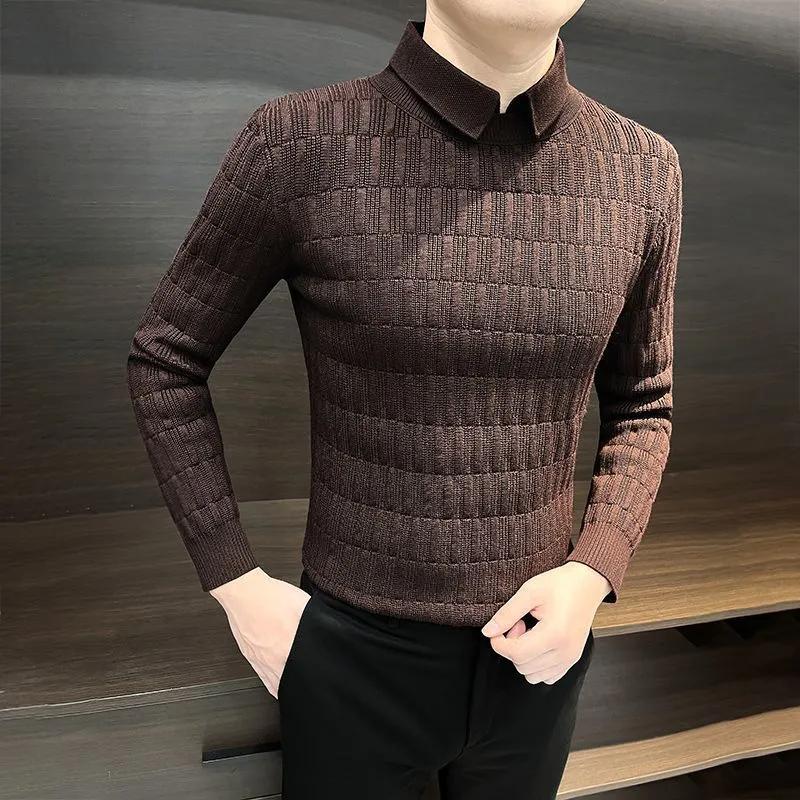 Men s Dark Blue Vertical Striped Stand Collar Sweater Slim Fit Casual Knit Top L