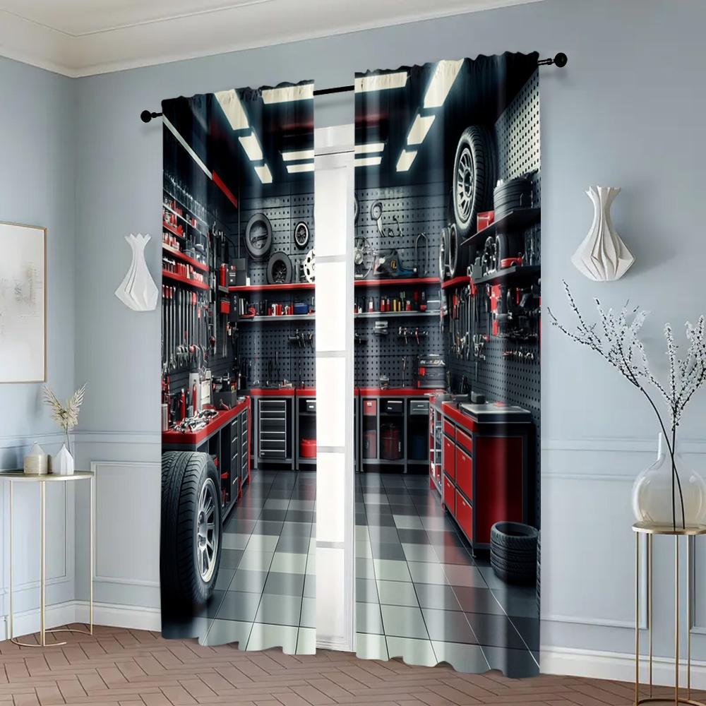 2pcs, Curtains Digital Printed Garage Tools Workshop Versatile 100% Polyester (without rod) Holiday Ldeal for Living Room and