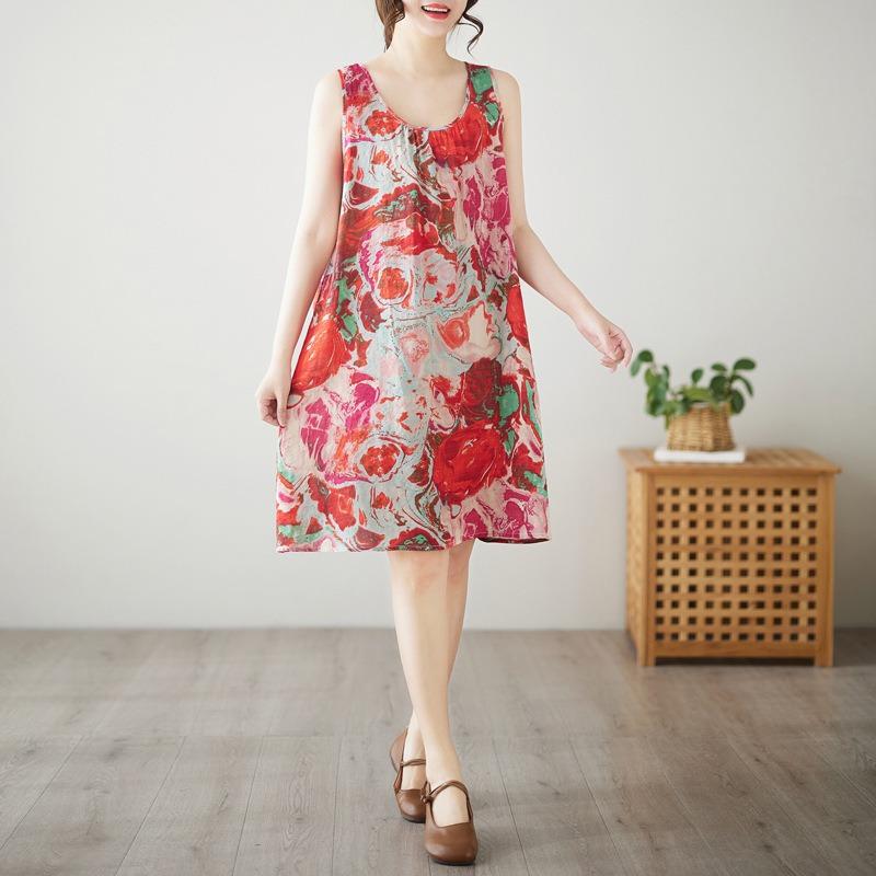 Real Shot Summer New Large Size Loose Suspender A-word Skirt Sleeveless Round Neck Cotton and Linen Printed Dress Women's Clothing