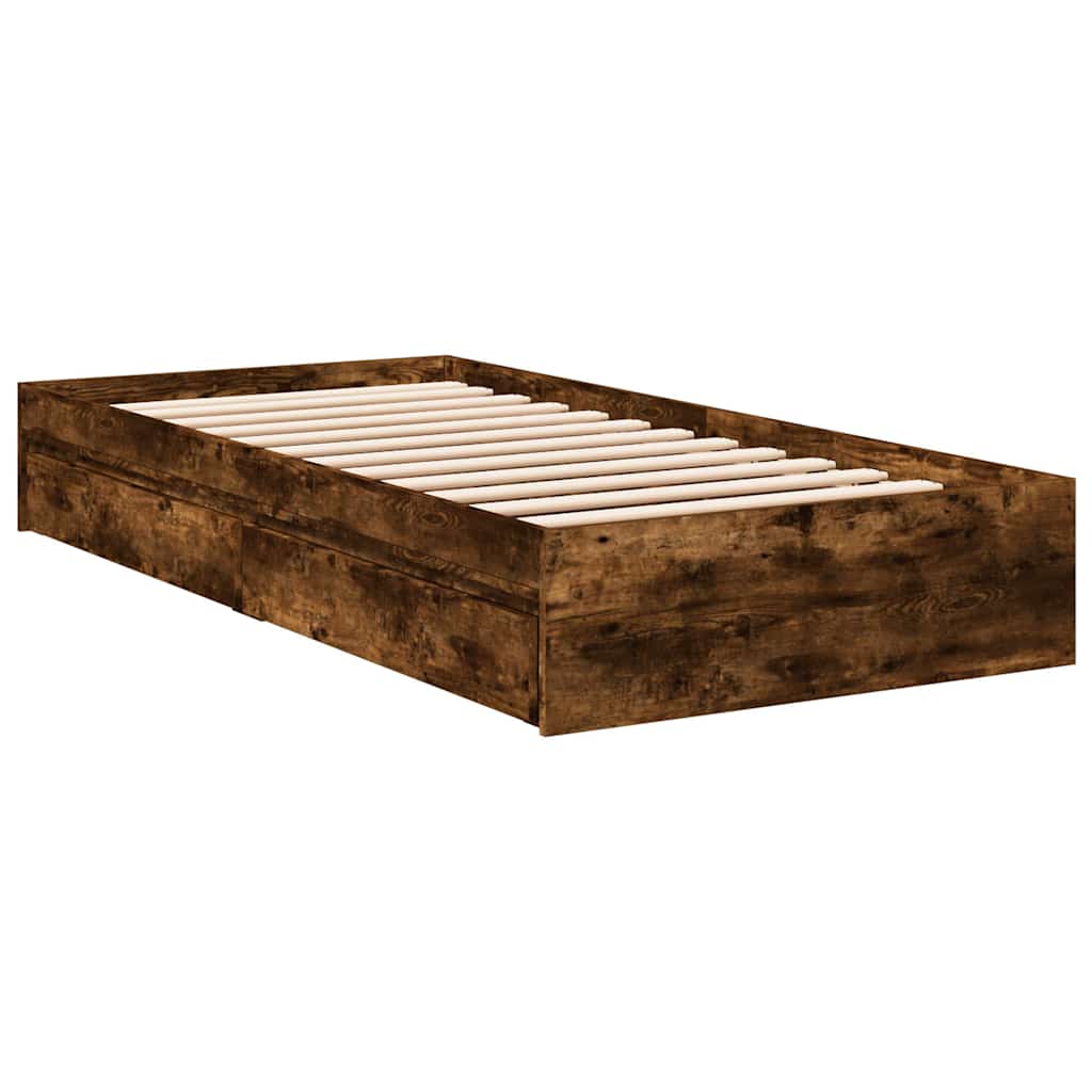 Bed Frame with Drawers Smoked Oak 90x190 Cm Wood Based Panel