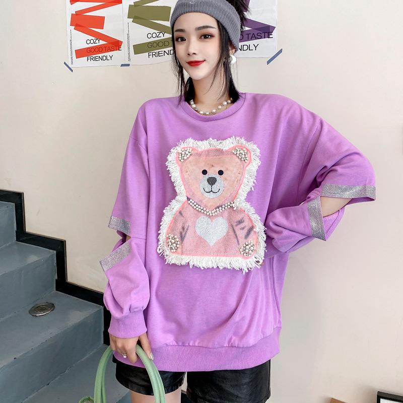 Thai Trendy Brand Autumn Cartoon Beaded Sweater Women's Medium and Long Korean Version of Foreign Style Long-sleeved Versatile Top Cross-border