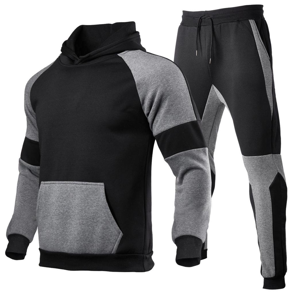 Men's And Women's Solid-color Casual Size Color-blocking And Patchwork Sportswear, Men's Hooded Long-sleeved Sweatshirt And Sweatpants Set