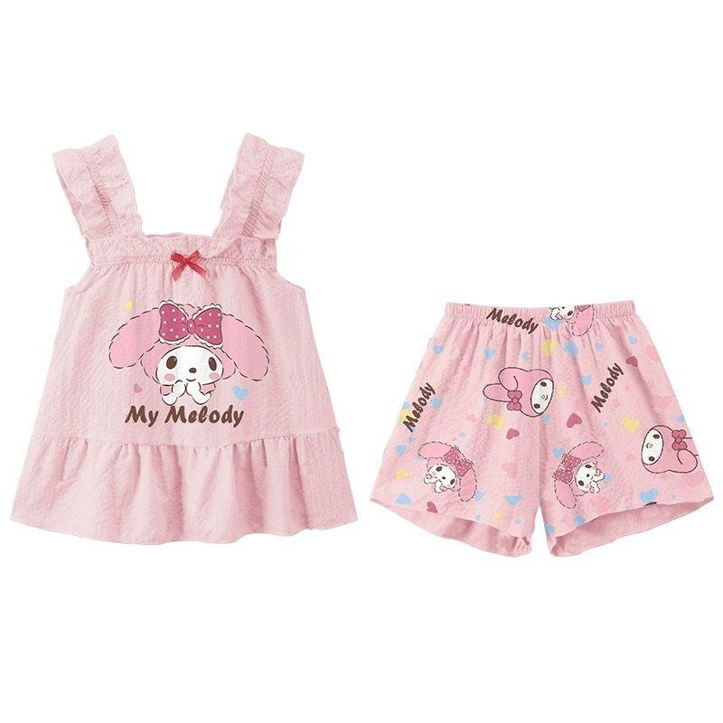 Children Suspender Set Summer Girl Pajamas Vest Shorts Cartoon Sleeveless Cute Melody Kuromi Cinnamoroll Soft Sleepwear 2PCS/Set