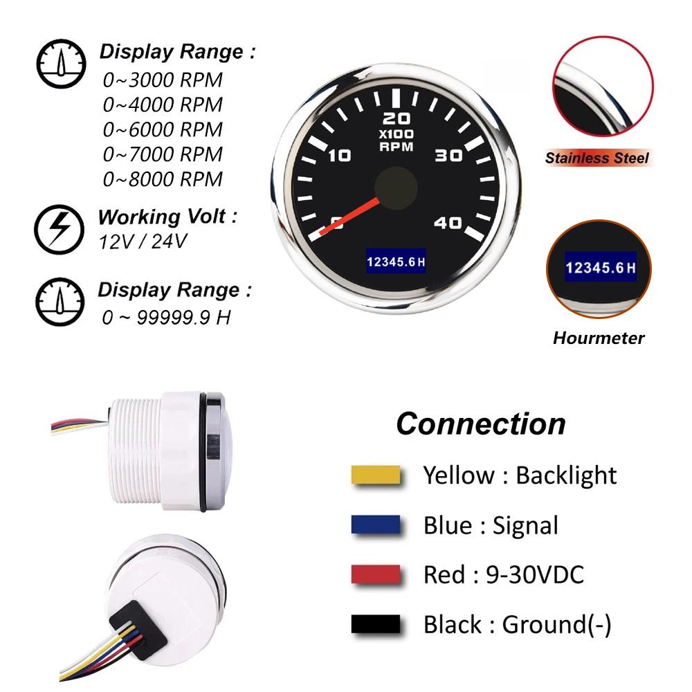 52mm Pointer Tachometer 4000 Rpm Tacho Meter Gauge With Red Backlight For Car Boat Yacht Rv 9 -30v