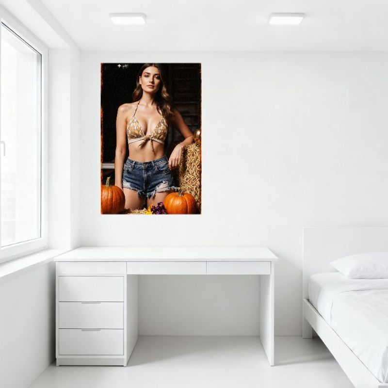 Sexy Woman Long Wavy Brown Hair Rustic Autumn Hay Bale Pumpkins Flowers Vintage Metal Tin Sign for Bar Pub Home Wall Decor