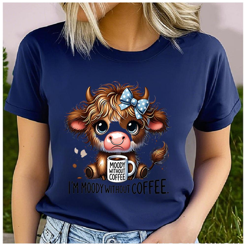Women's Polyester 100% yak drinking tea Print T-shirt Loose round Neck Casual Short Sleeve Fashion Top Clothing Summer