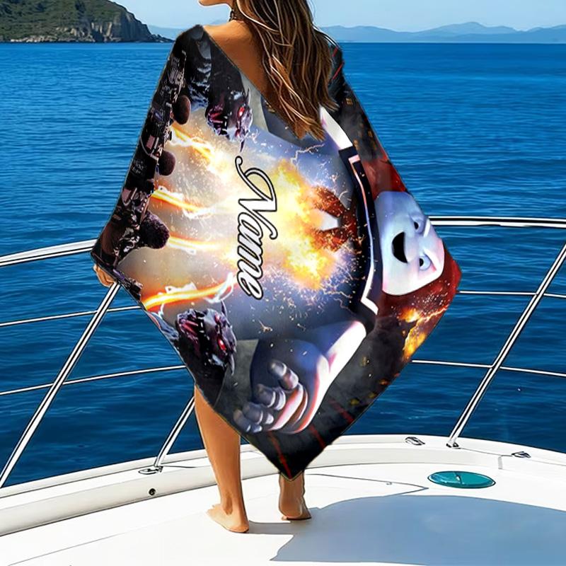 1PC Custom Name Beach Towel Ghost Marshmallow Man Beach Towel, Suitable for Camping, Travel, Beach Accessories, Super Absorbent, Family Gift