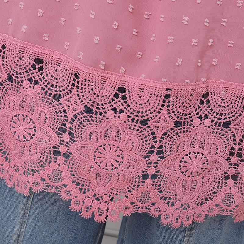 VONDA Women Casual V Neck 3/4 Sleeve Texture Lace Patchwork Blouse