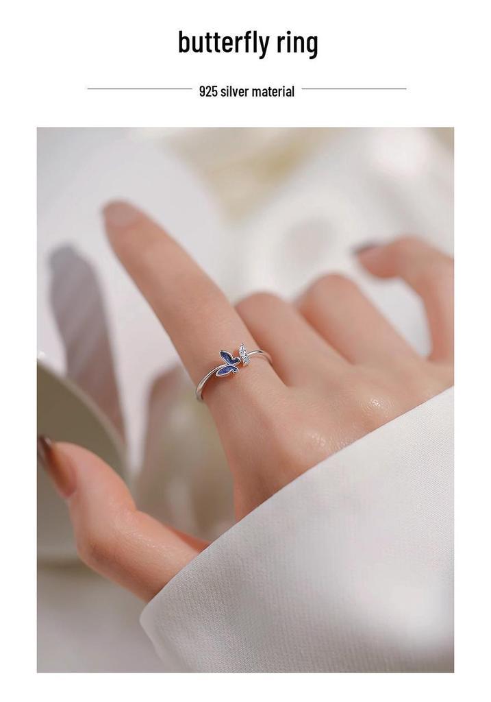 S925 Sterling Silver Blue Butterfly Open Ring: Women's Fashionable High-End Index Finger Accessory