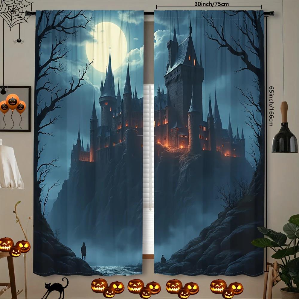 

2 шт. - Хэллоуин Готический замок Ночная сцена набивные шторы, кулиска, домашние украшения, украшения для комнаты 29Wx64L(75x166CM)x2