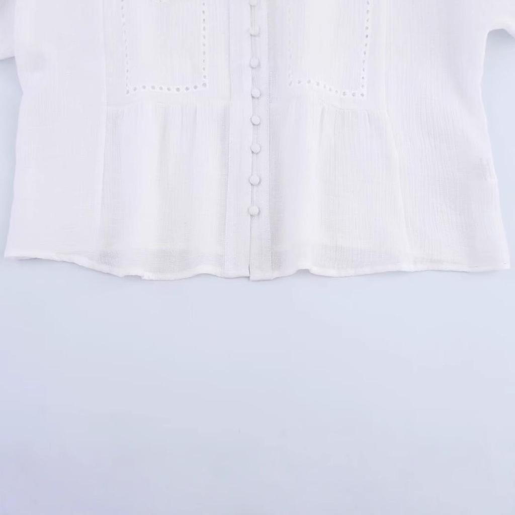 Women's European & American Style Hollow Embroidery Short Shirt - Spring 2025