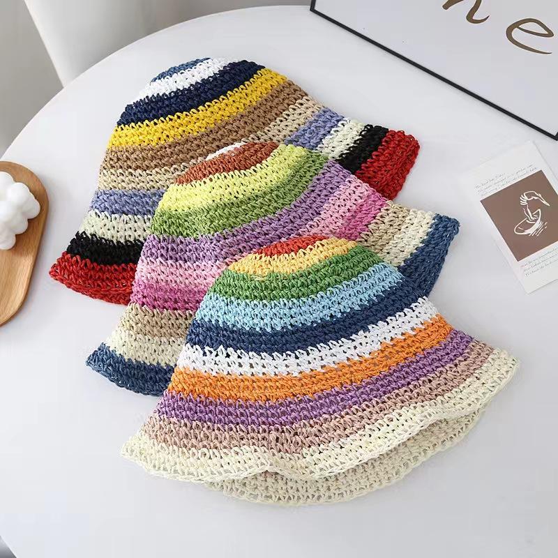 Summer Sun Hat, Beach Sun Hat, Women's Woven Fisherman Hat, Rainbow Handmade Grass Hat