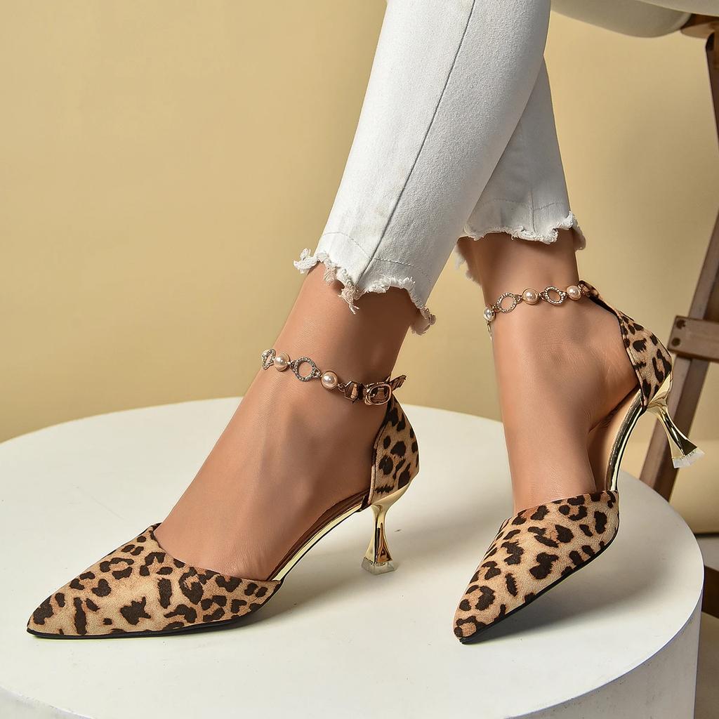 Women Sandals Large Size New Sexy European and American Strap Hollow Sandals Women Leopard Print High Heels Shoes for Women