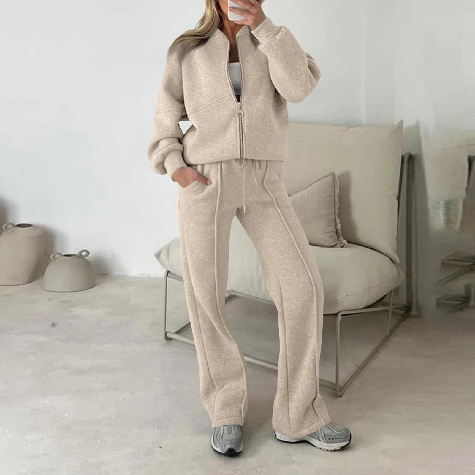 

Женский модный комплект из двух предметов: однотонный свитшот с длинными рукавами и на молнии и брюки, повседневный набор M бежевый