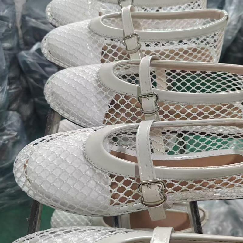 Mote Dame Mesh Ballettflats Sandaler Pustende Fritidssko for Damer Fiskenett Ballerina Komfortable Sandaler Sko med Rund Tå